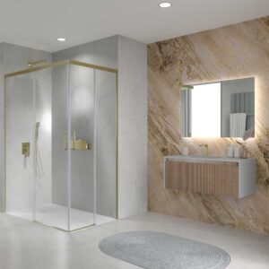 Mampara de ducha rectangular BASIC apertura angular 2 fijos-2 puertas correderas. Sin perfil inferior. Con tratamiento anti-cal. Acabado ORO MATE