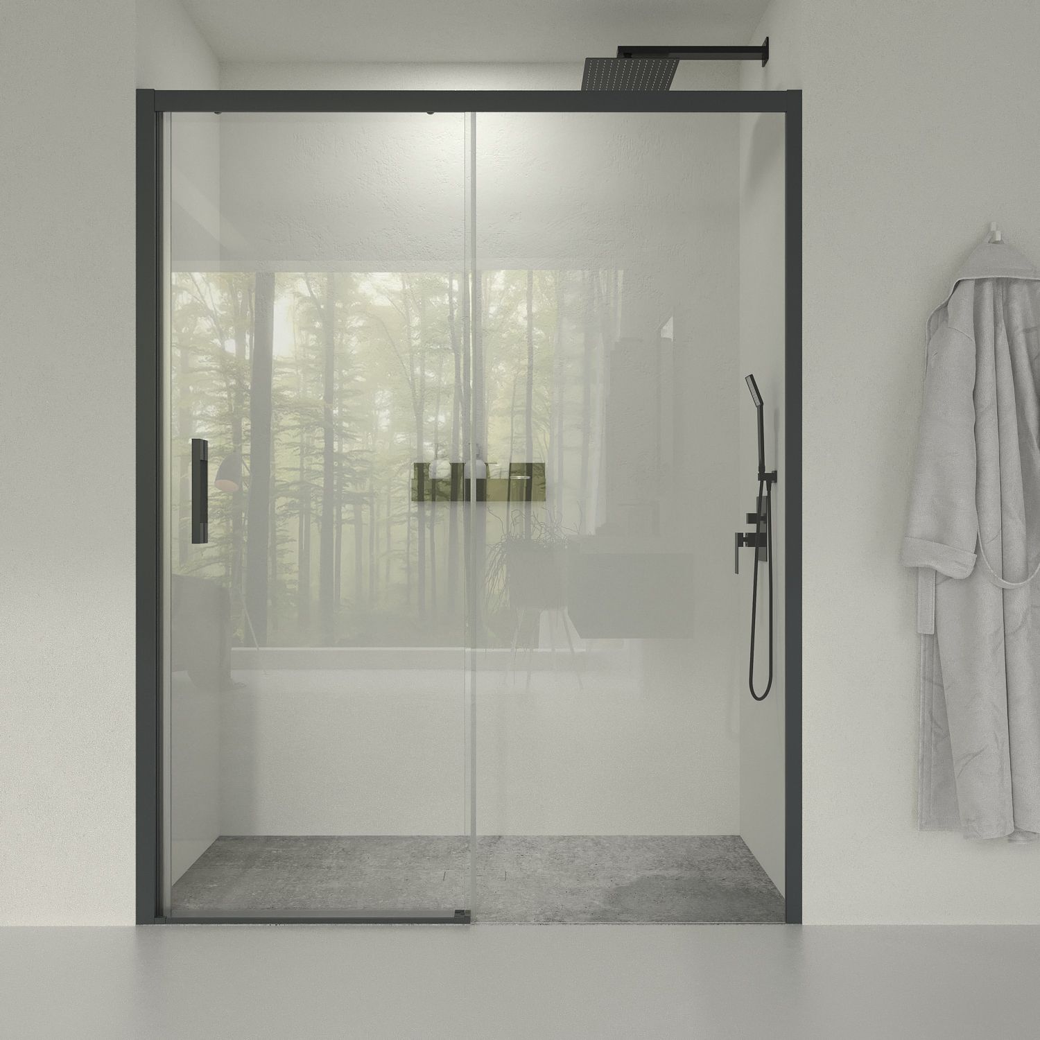 Mampara de ducha frontal LINEA1 fijo -1 puerta corredera. Sin perfil inferior. Acabado GRAFITO