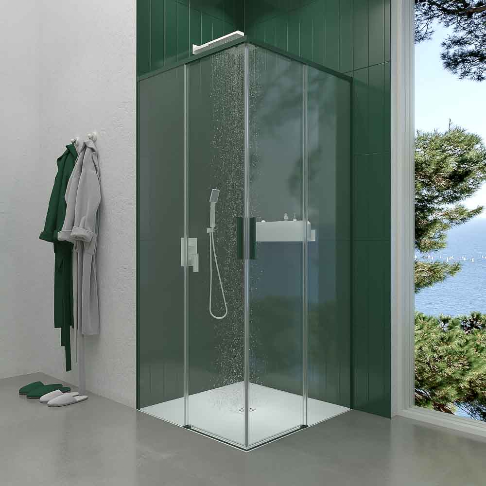 Mampara de ducha cuadrada NEXO apertura angular 2 fijos-2 puertas correderas Acabado VERDE OLIVA