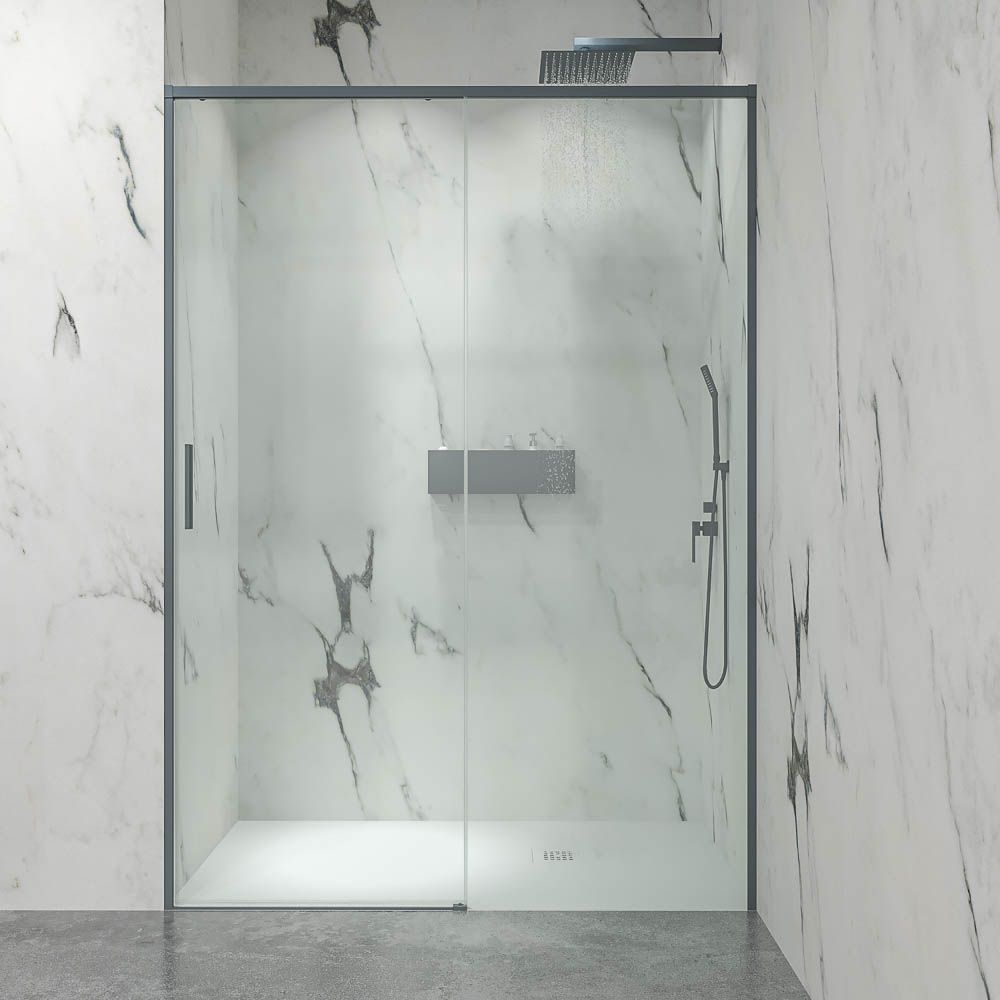Mampara de ducha NEXO frontal 1 fijo - 1 puerta corredera perfil MINIMALISTA acabado GRAFITO