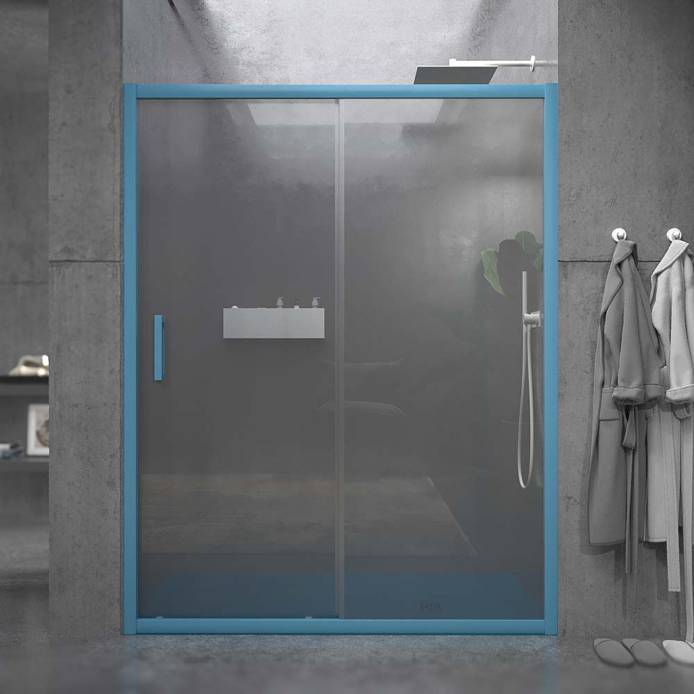 Mampara de ducha frontal NORMA 1 fijo -1 puerta corredera. Acabado AZUL PASTEL