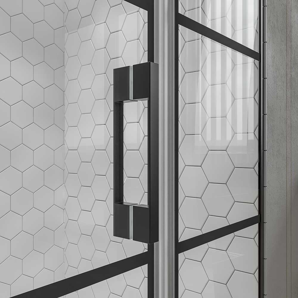 Mampara de ducha frontal OPEN 2 fijos - 1 puerta abatible serigrafiada. Acabado NEGRO MATE - Imagen 9