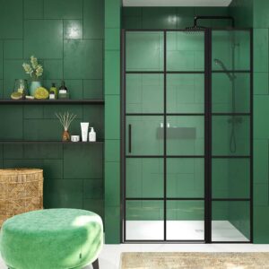 Mampara de ducha frontal OPEN 1 fijo - 1 puerta abatible serigrafia industrial NEGRO MATE