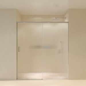 Mampara de ducha TECH STEEL frontal 1 fijo - 1 puerta corredera vidrio 8mm ACANALADO . ACERO INOXIDABLE