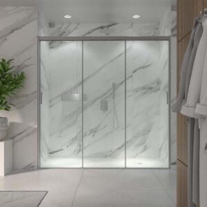 Mampara de ducha frontal TRIO 3 puertas correderas vidrio transparente. Acero inoxidable