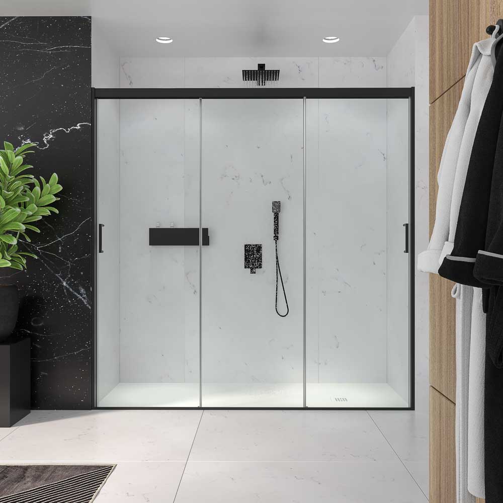 Mampara de ducha frontal TRIO 3 puertas correderas vidrio transparente. Acero inoxidable NEGRO MATE