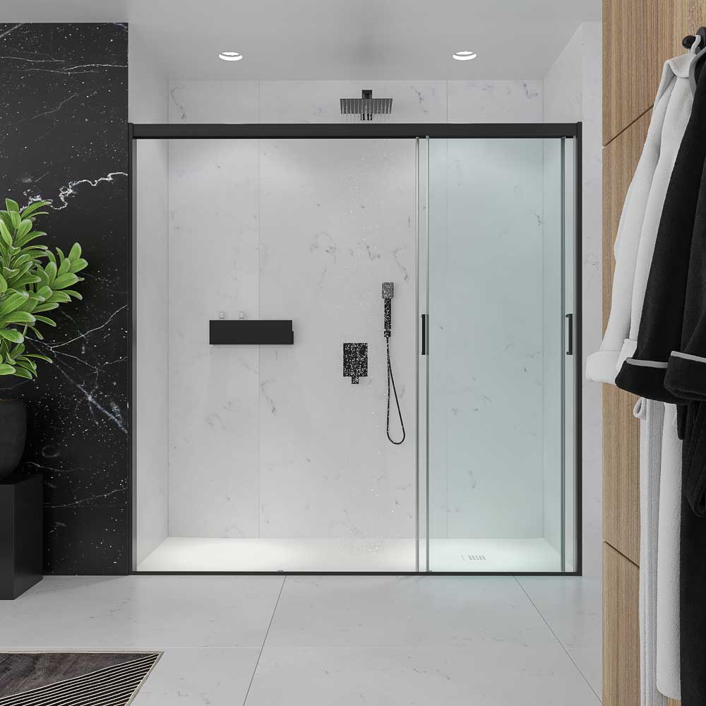 Mampara de ducha frontal TRIO 3 puertas correderas vidrio transparente. Acero inoxidable NEGRO MATE - Imagen 5