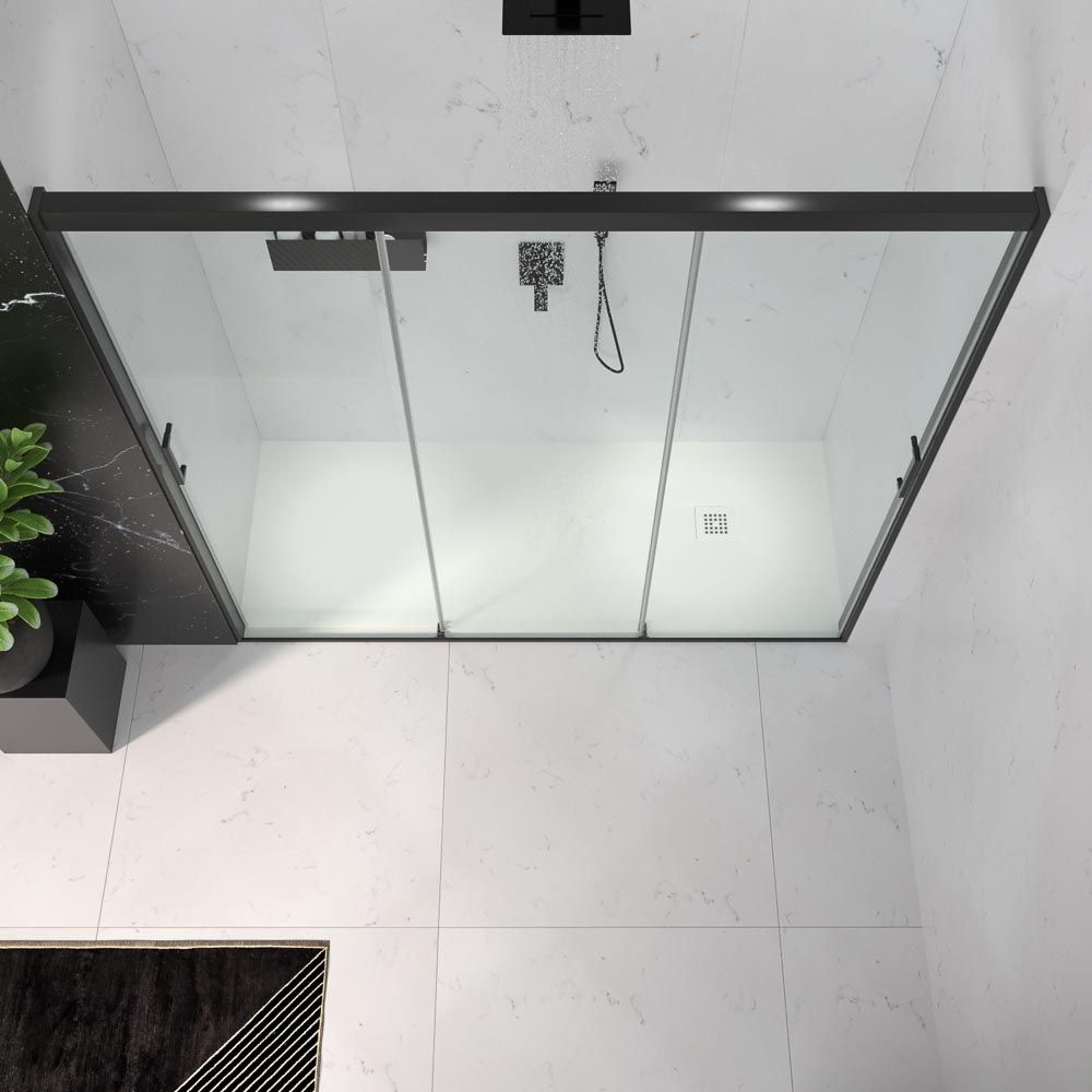 Mampara de ducha frontal TRIO 3 puertas correderas vidrio transparente. Acero inoxidable NEGRO MATE - Imagen 2