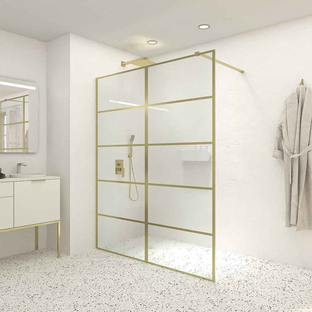 Mampara de ducha fijo ZEN con SERIGRAFÍA. Con tratamiento anti-cal. Acabado ORO MATE