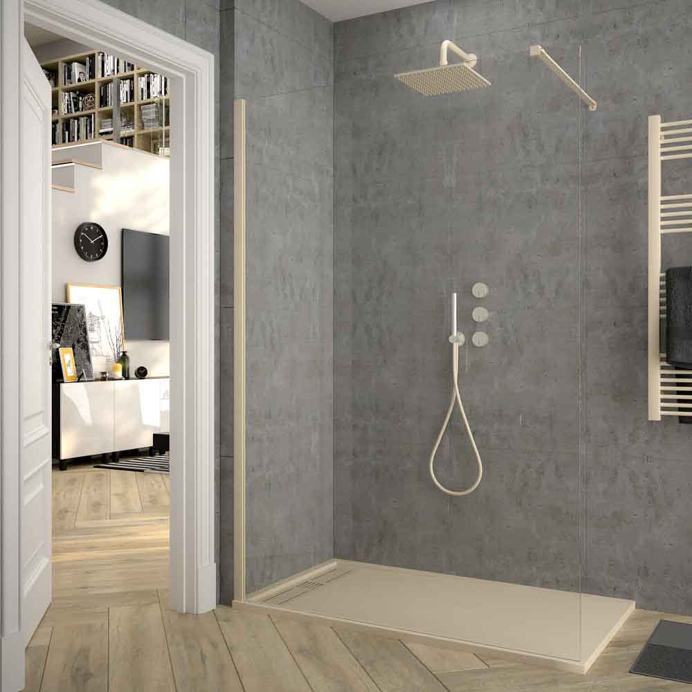 Plato ducha de resina enmarcado URBAN CROME Crema textura pizarra antibacteriano y antideslizante. Colores a elegir. Rejilla oculta - Imagen 3