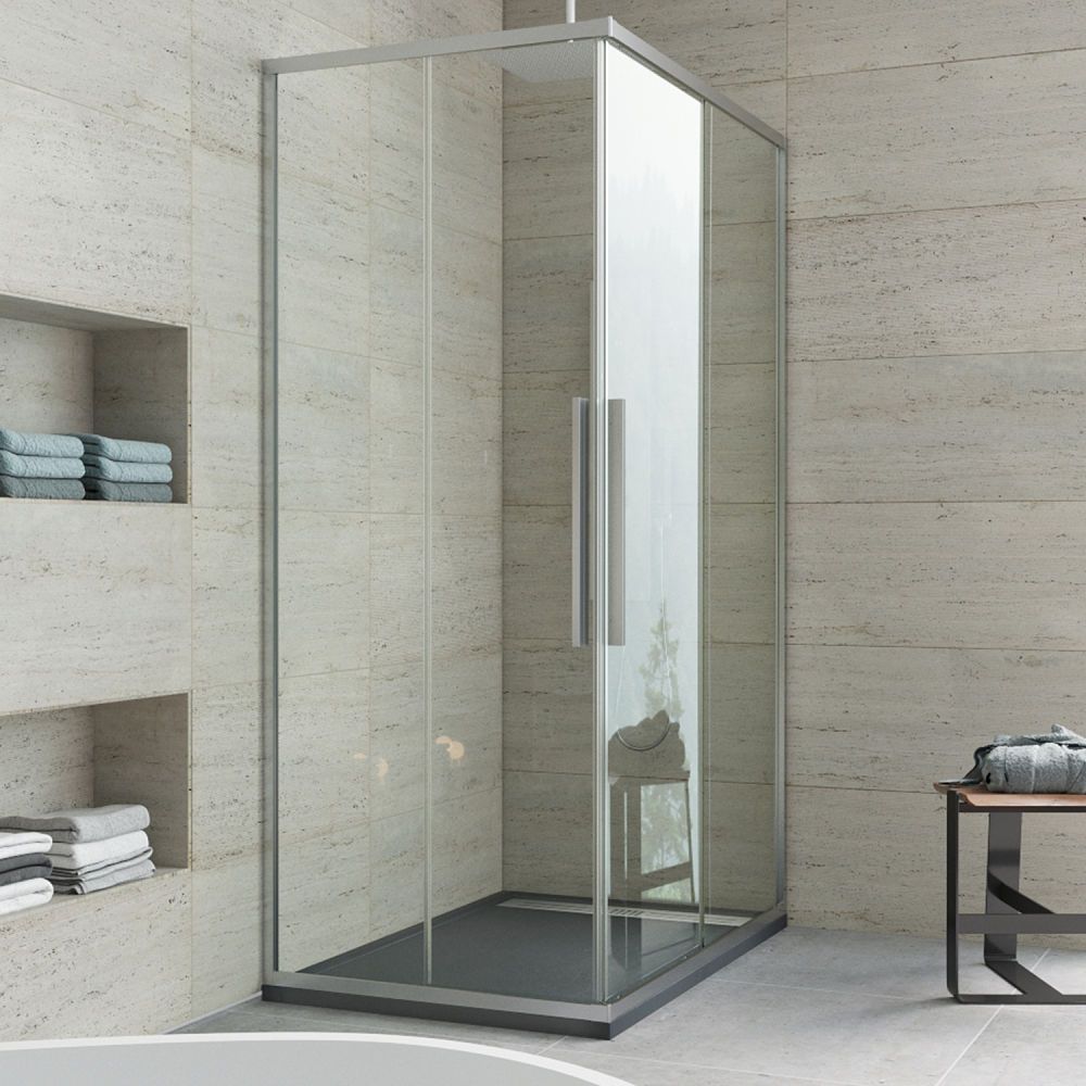 Mampara de ducha rectangular VISION 2 fijos - 2 puertas correderas. Con tratamiento anti-cal. Acabado CROMO BRILLO