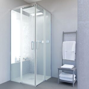 Mampara de ducha cuadrada BASIC apertura angular 2 fijos-2 puertas correderas. Sin perfil inferior. Con tratamiento anti-cal.Acabado CROMO BRILLO.