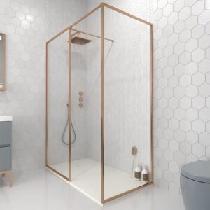 Fijo de ducha a medida mampara LINE con perfileria enmarcada 2 cuerpos - Vidrio 4 MM con tratamiento anti-cal incluido - Brazo sujeción acero inoxidable