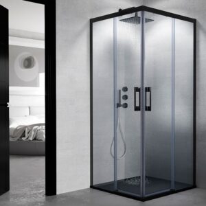 Mampara de ducha cuadrada FLARE apertura angular 2 fijos-2 puertas correderas. Sin perfil inferior. Con tratamiento anti-cal. Acabado NEGRO MATE