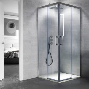 Mampara de ducha cuadrada FLARE apertura angular 2 fijos-2 puertas correderas. Sin perfil inferior. Con tratamiento anti-cal. Acabado CROMO BRILLO