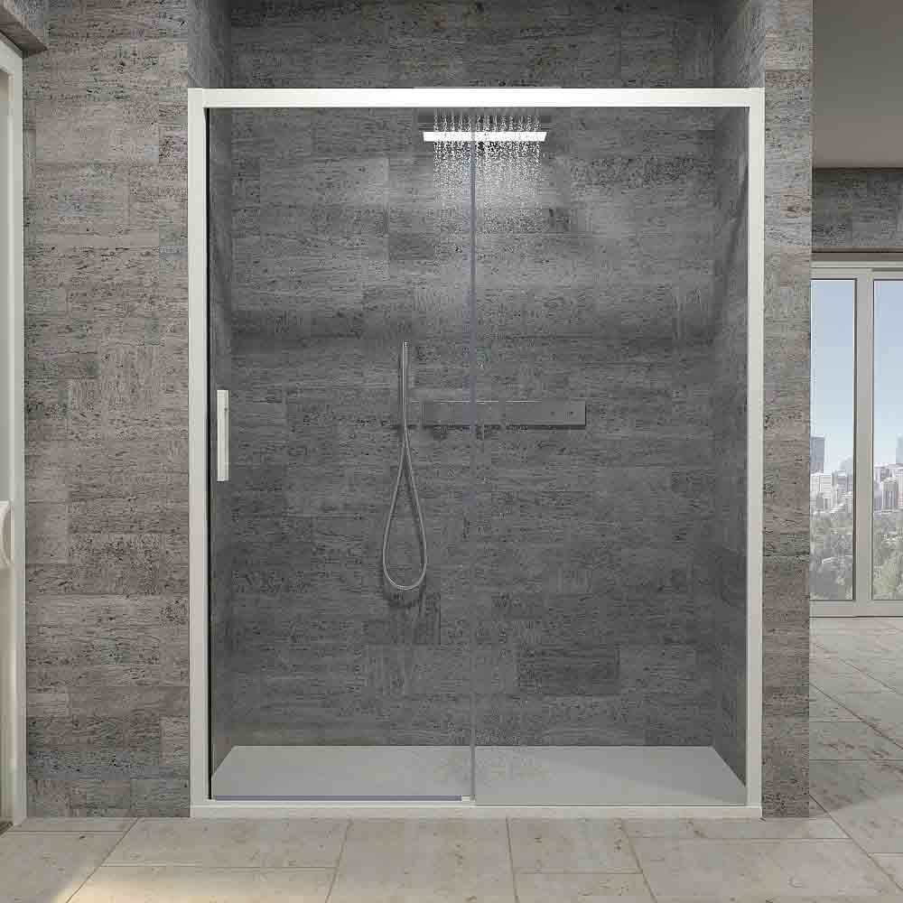 Mampara de ducha frontal FLARE 1 fijo -1 puerta corredera. Sin perfil inferior. Con tratamiento anti-cal . Acabado BLANCO MATE