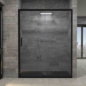 Mampara de ducha frontal FLARE 1 fijo -1 puerta corredera. Sin perfil inferior. Acabado NEGRO MATE