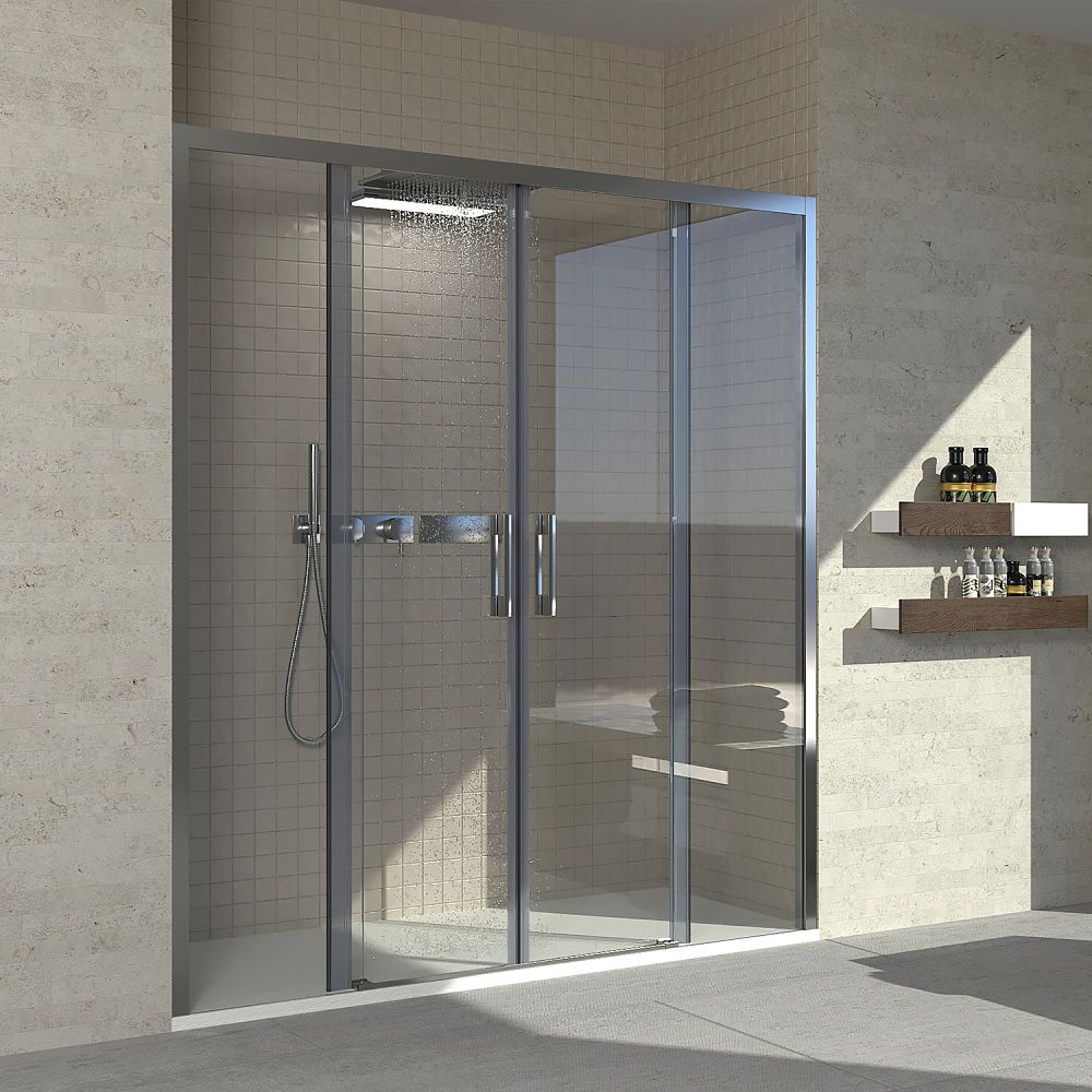 Mampara de ducha frontal FLARE 2 fijos -2 puertas correderas. Sin perfil inferior. Acabado CROMO BRILLO