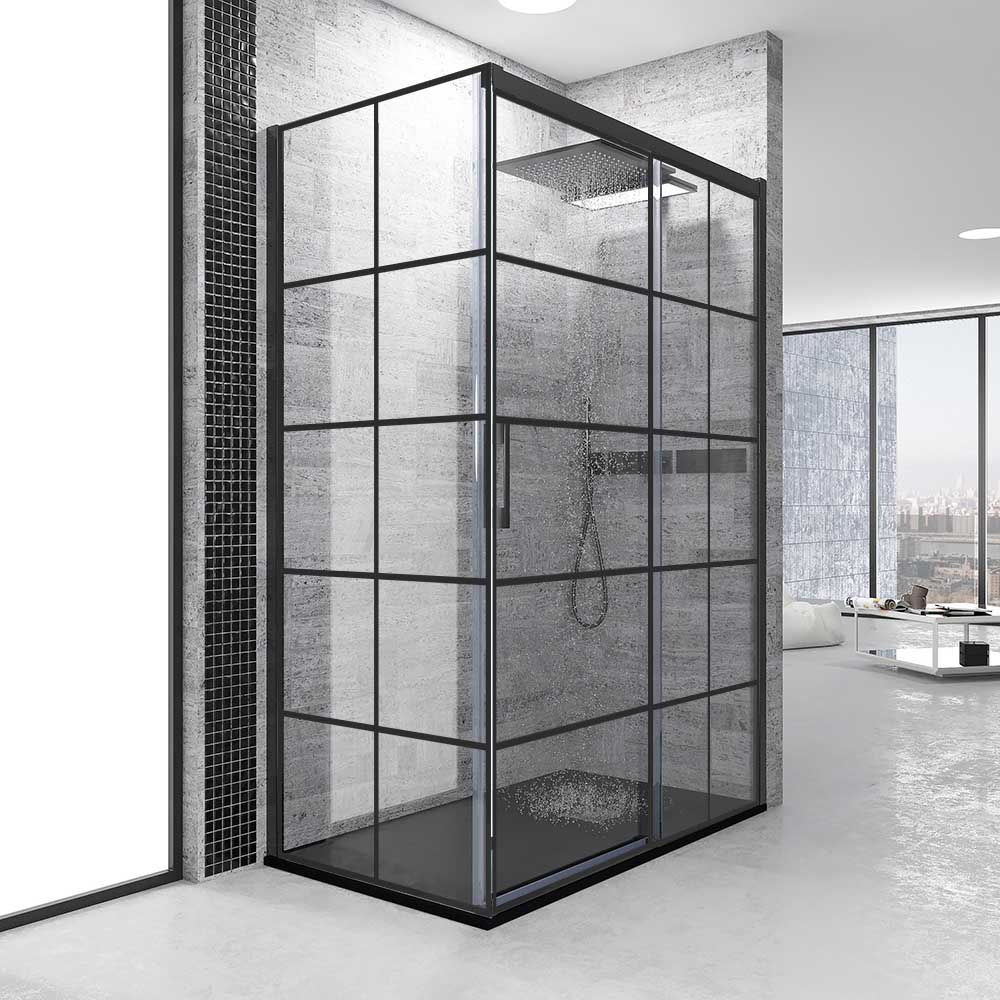 Mampara de ducha rectangular FLARE apertura frontal 1 fijo-1 puerta corredera+ 1 fijo. DECORADO INDUSTRIAL. Con tratamiento anti-cal. Acabado NEGRO MATE