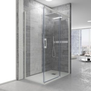 Mampara de ducha rectangular FLARE apertura frontal 1 fijo-1 puerta corredera+ 1 fijo . Sin perfil inferior. Con tratamiento anti-cal. Acabado BLANCO MATE