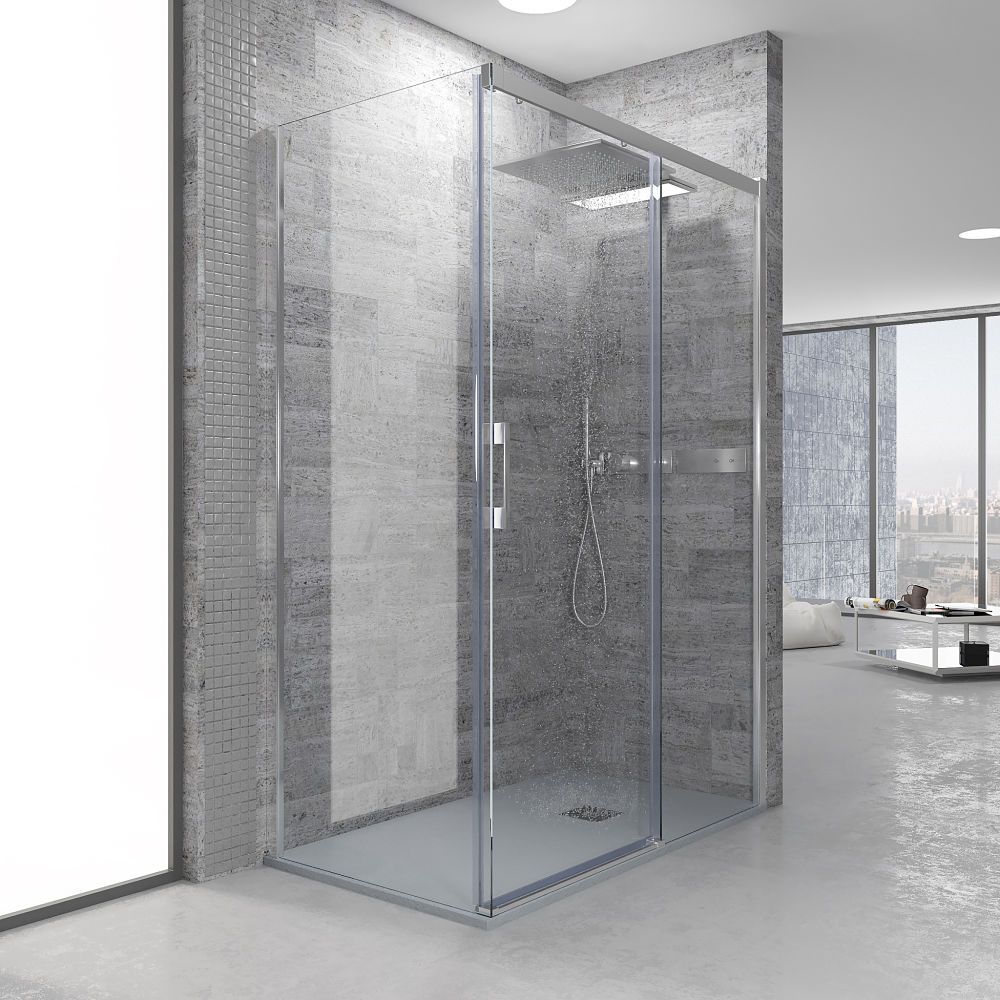 Mampara de ducha rectangular FLARE apertura frontal 1 fijo-1 puerta corredera+ 1 fijo . Sin perfil inferior. Con tratamiento anti-cal. Acabado CROMO BRILLO