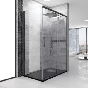 Mampara de ducha rectangular FLARE apertura frontal 1 fijo-1 puerta corredera+ 1 fijo . Sin perfil inferior. Con tratamiento anti-cal. Acabado NEGRO MATE