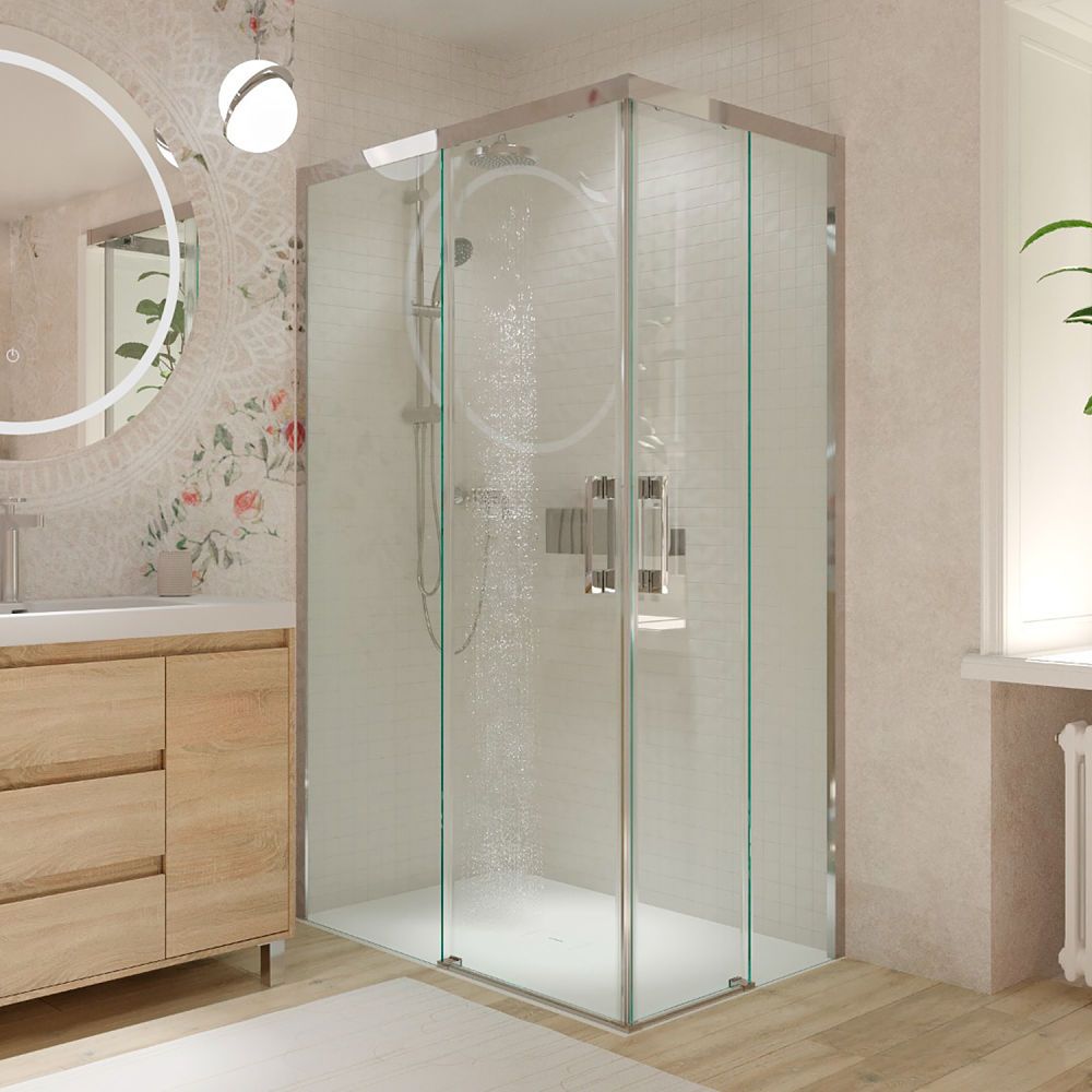 Mampara de ducha rectangular FLARE apertura angular 2 fijos-2 puertas correderas. Sin perfil inferior. Con tratamiento anti-cal. Acabado cromo brillo