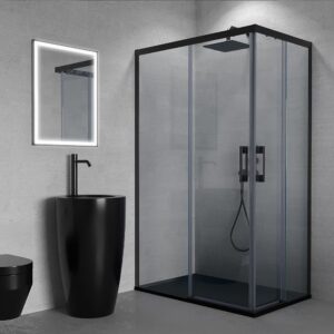 Mampara de ducha rectangular FLARE apertura angular 2 fijos-2 puertas correderas. Sin perfil inferior. Con tratamiento anti-cal. Acabado NEGRO MATE