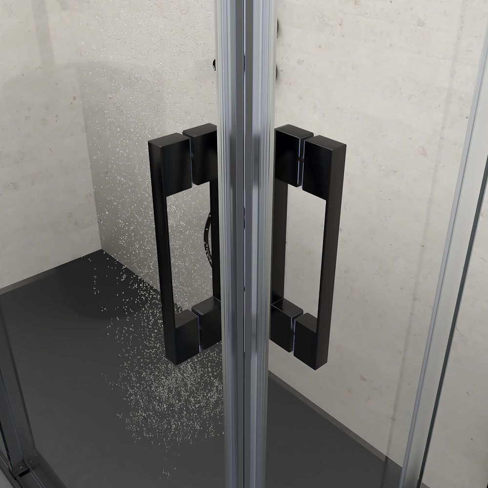 Mampara de ducha cuadrada FLARE apertura angular 2 fijos-2 puertas correderas. Sin perfil inferior. Con tratamiento anti-cal. Acabado NEGRO MATE - Imagen 4