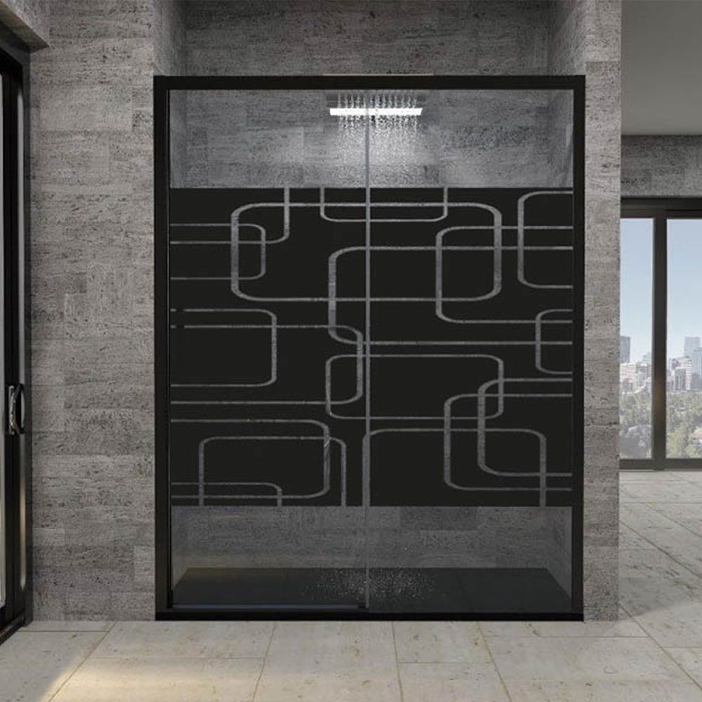 Mampara de ducha frontal FLARE 1 fijo -1 puerta corredera serigrafiada. Sin perfil inferior. Acabado NEGRO MATE