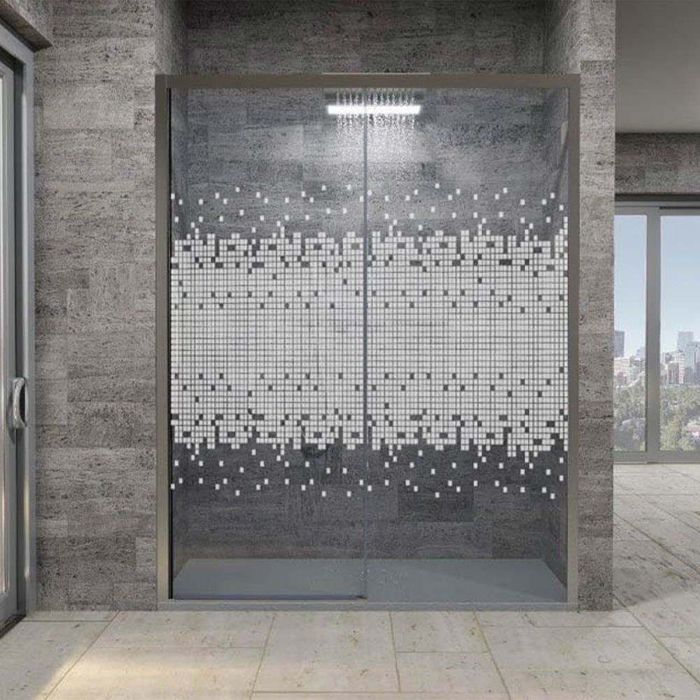 Mampara de ducha frontal FLARE 1 fijo -1 puerta corredera serigrafiada. Sin perfil inferior. Acabado CROMO BRILLO