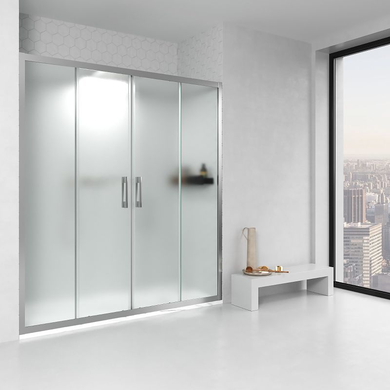 Mampara de ducha frontal GLISS 2 fijos -2 puertas correderas vidrio OPACO. Con tratamiento anti-cal. Acabado CROMO BRILLO