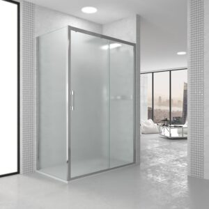 Mampara de ducha rectangular GLISS apertura frontal 1 fijo-1 puerta corredera+ 1 fijo. Vidrio new Carglass opaco. Con tratamiento anti-cal. Acabado CROMO BRILLO