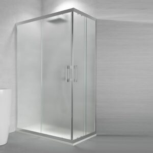 Mampara de ducha rectangular GLISS apertura angular 2 fijos-2 puertas correderas. Vidrio OPACO con tratamiento anti-cal. Acabado CROMO BRILLO