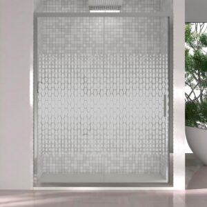 Mampara de ducha frontal FRAME 1 fijo -1 puerta corredera serigrafiada. Acabado CROMO BRILLO