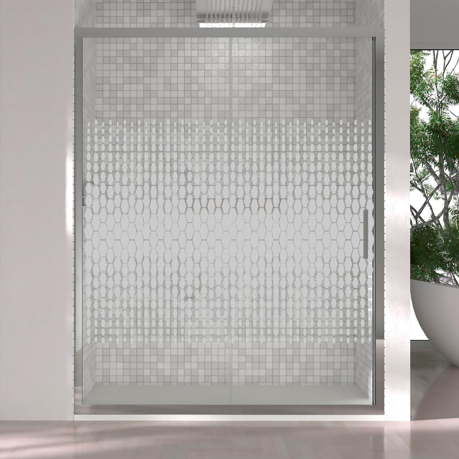 Mampara de ducha frontal FRAME 1 fijo -1 puerta corredera serigrafiada. Acabado CROMO BRILLO