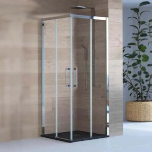 Mampara de ducha rectangular SENIOR 2 fijos -2 puertas correderas vidrio 8 mm sin perfil inferior. Acabado CROMO BRILLO