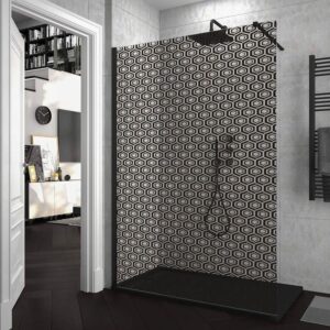 Mampara de ducha ZEN fijo con SERIGRAFÍA. Con tratamiento anti-cal. Acabado negro mate