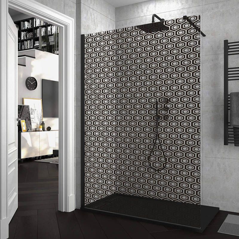 Mampara de ducha ZEN fijo con SERIGRAFÍA. Con tratamiento anti-cal. Acabado negro mate