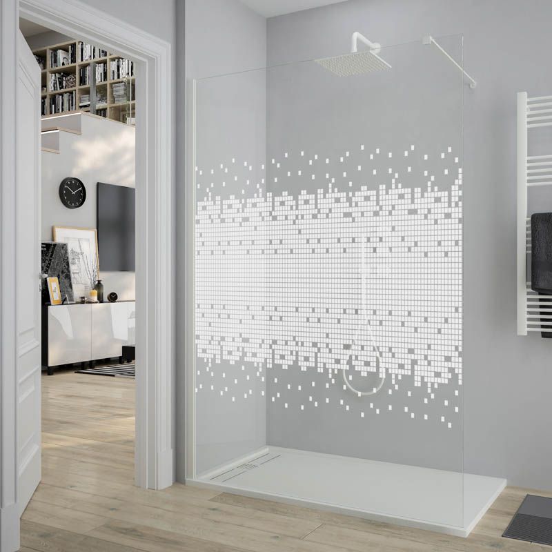 Mampara de ducha fijo ZEN con SERIGRAFÍA. Con tratamiento anti-cal. Acabado blanco mate