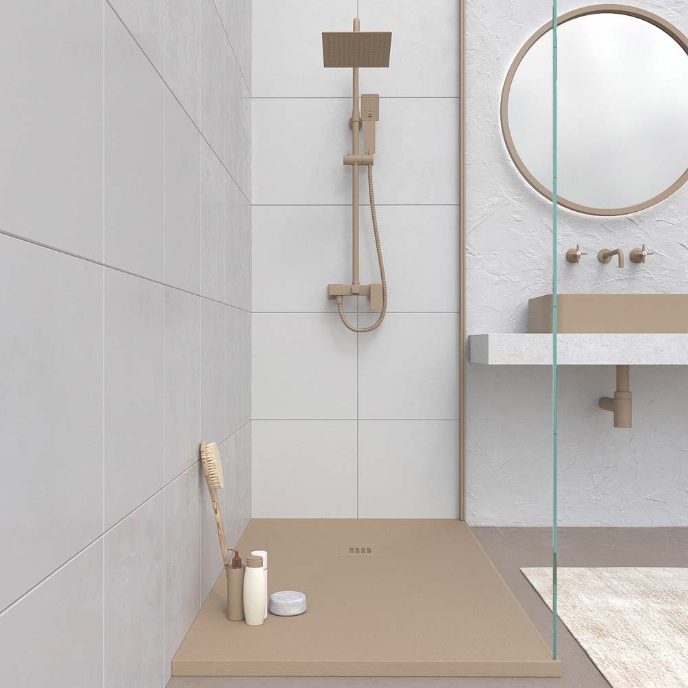 Plato ducha resina MYSTONE Moka RAL 1019 y colores exclusivos textura pizarra antibacteriano y antideslizante - Imagen 2