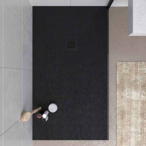 Plato ducha resina MYSTONE Negro RAL 9005 y colores exclusivos textura pizarra antibacteriano y antideslizante