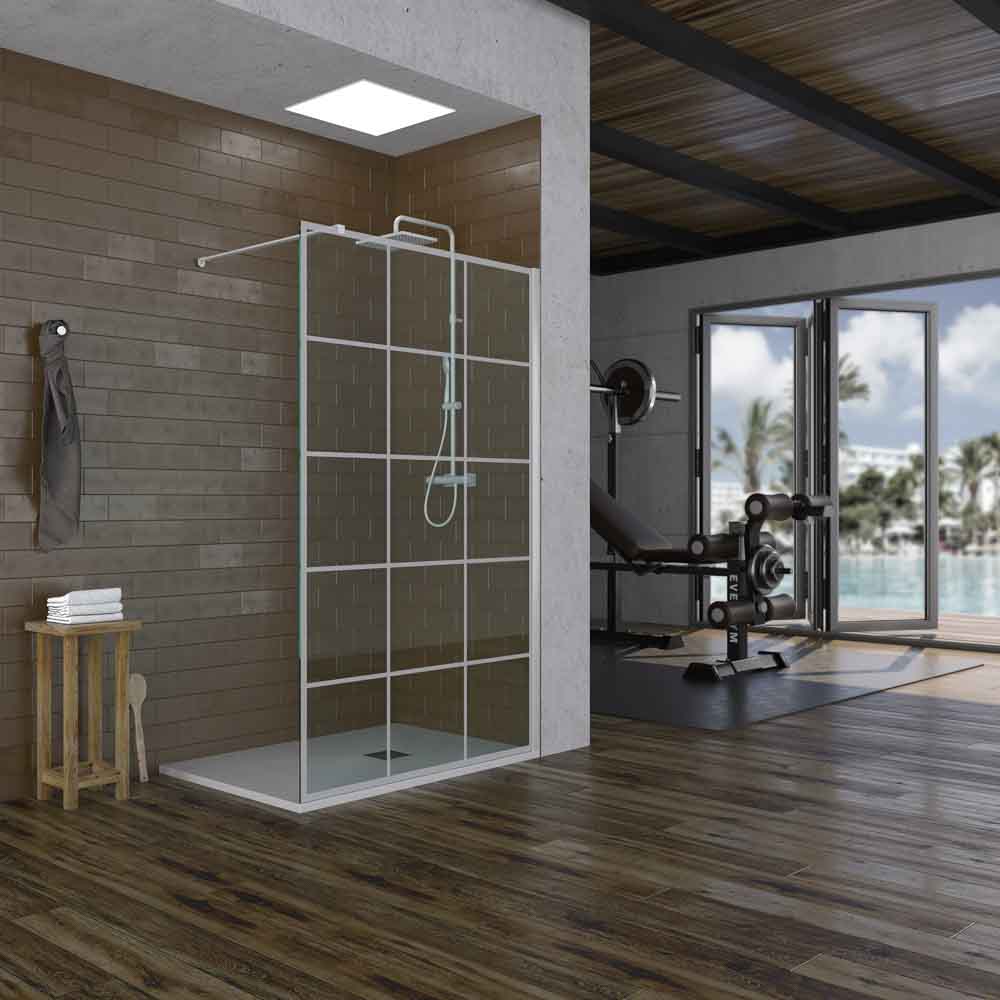 Mampara de ducha ZEN fija decorado industrial- vidrio 8MM - Tratamiento anti-cal incluido - Incluye brazo de seguridad. TALOS - Imagen 2