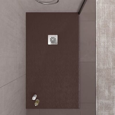 Plato ducha resina ONE Marrón RAL 8014 y otros colores exclusivos con textura pizarra antibacteriano y antideslizante. Rejilla inox