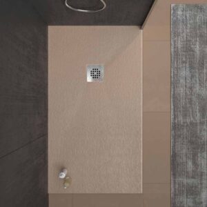 Plato ducha resina ONE Moka RAL 1019 y otros colores con textura pizarra antibacteriano y antideslizante. Rejilla inox