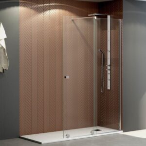 Mampara de ducha fijo + corredera JUNIOR walk-in . Acabado CROMO BRILLO