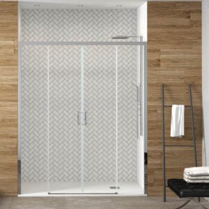 Mampara de ducha frontal SENIOR 2 fijos - 2 puertas correderas vidrio 8 mm sin perfil inferior. Acabado CROMO BRILLO