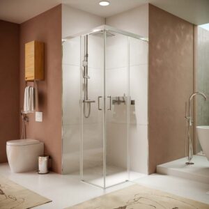 Mampara de ducha TECH STEEL cuadrada 2 fijos - 2 puertas correderas vidrio 8 mm. ACERO INOXIDABLE