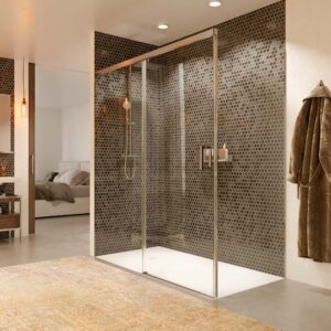 Mampara de ducha TECH STEEL rectangular 1 fijo - 1 puerta corredera + 1 fijo vidrio 8 mm. ACERO INOXIDABLE