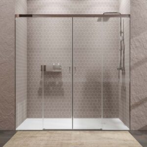 Mampara de ducha TECH STEEL frontal 2 fijos - 2 puertas correderas vidrio 8 mm. ACERO INOXIDABLE